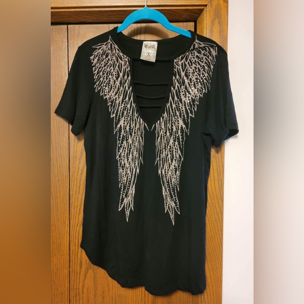 Vocal Wing Pattern Shirt with Ladder Neckline and Rhinestones